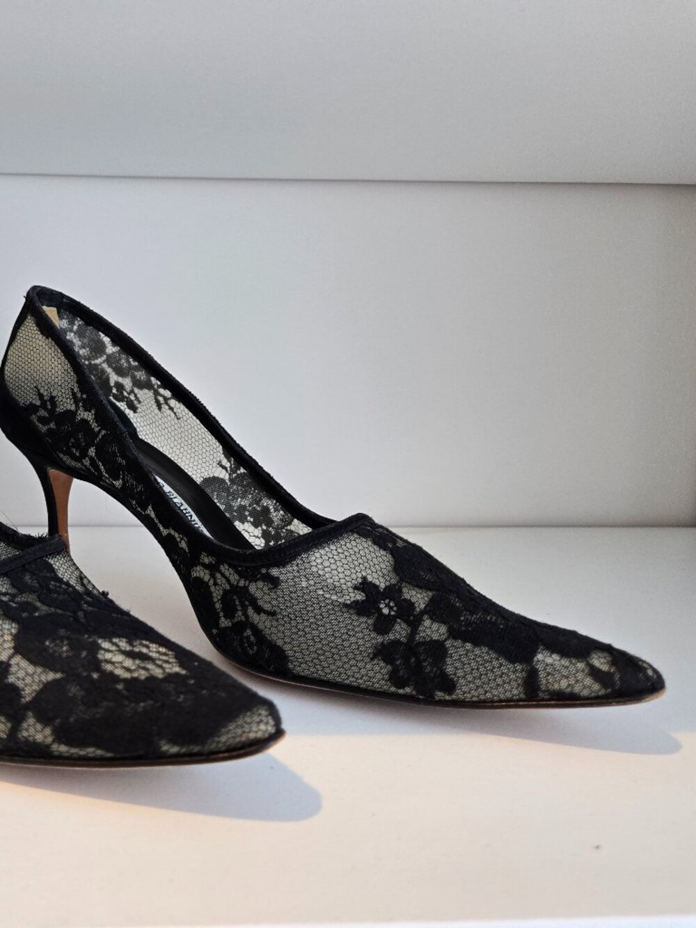 Manolo Blahnik Black Lace Pointed-Toe Slingback Heels